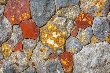 Textured stone wall, various colors.  Close-up view of irregularly shaped stones in gray, red, and yellow.  A wall of natural stone with a unique pattern