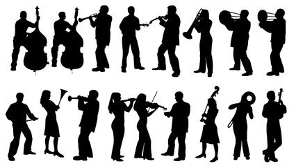 “Simple and bold black outlines of musicians in performance, arranged uniformly across a white canvas, featuring a variety of orchestral and band instruments, with no internal figure detail.”