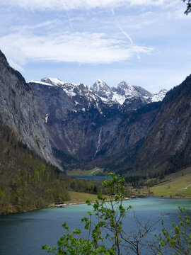 Landscape of mountains with snow on top and lake view in Germany