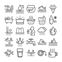 Collection of Black and White Line Art Icons Representing Water and Related Concepts