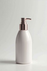 "Minimalist White Cosmetic Pump Bottle with Rose Gold Dispenser on Clean Background"