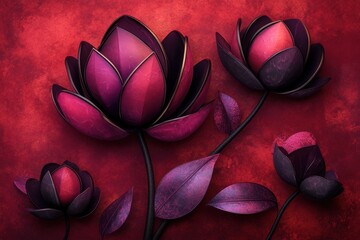 Intricate, 3D, magenta flowers on a deep red background.  Detailed, stylized floral design