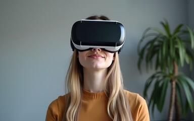 Woman with VR virtual reality goggles. High quality