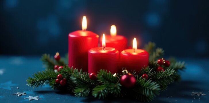 Four illuminated advent candles in a Christmas wreath, dark blue background Selective focus , focus, wreath, holiday