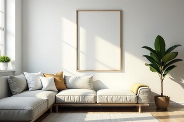 Modern poster frame mockup, bright living room, subtle shadows, home, sunlight, artwork