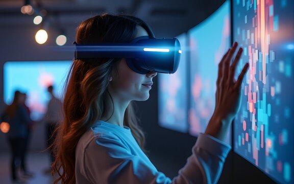 Young woman interacting with virtual reality. High quality