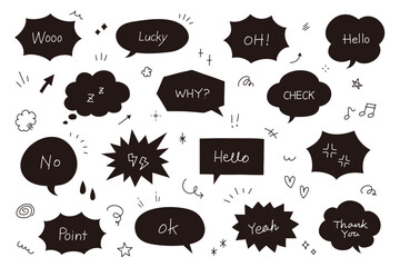 手描きの飾りと文字と吹き出しのベクターイラストセット　音符　ハート　星　キラキラ　装飾　フレーム