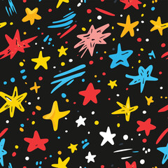 Seamless fun kid pattern with multicolor hand drawn stars