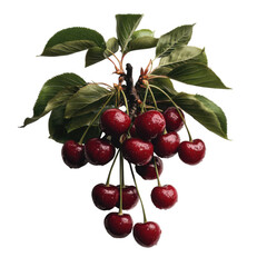 Fresh red cherries with green leaves on branch, showcasing their glossy texture and vibrant color. image captures natural beauty and ripeness of fruit