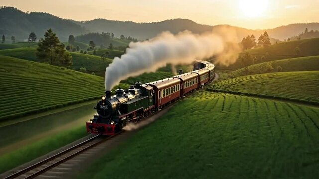 A vintage steam locomotive, emitting plumes of white smoke, travels through a lush tea plantation at sunset