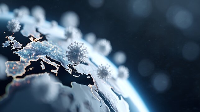 Earth seen from space with virus clusters orbiting, pandemic global crisis theme