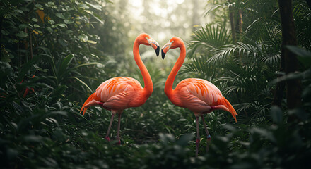 Fototapeta premium Pink Flamingos Forming Heart in Lush Nature Environment
