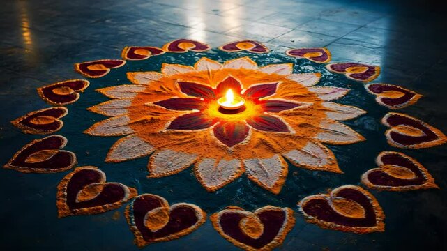 Festive diwali celebration features vibrant rangoli art with diya in colorful patterns