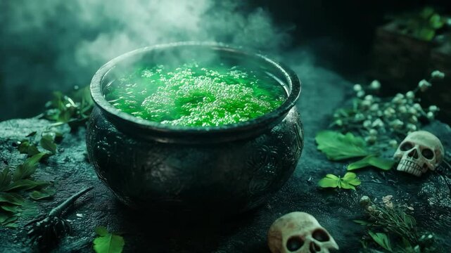 Mysterious cauldron brews glowing potion in dark forest setting on a misty night