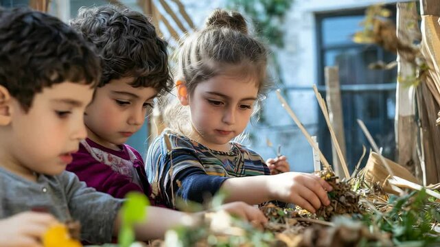 Kids engage in creative nature play while exploring and building with natural materials outside