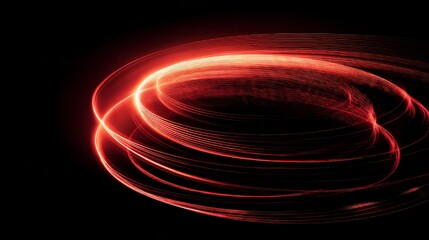 Red neon lines curve smoothly on a black background, creating an abstract motion effect with a sense of light and speed