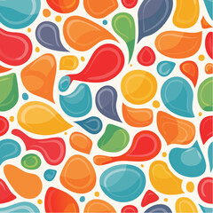 Seamless pattern of colorful abstract shapes, including drops, circles, and teardrops on a white background.