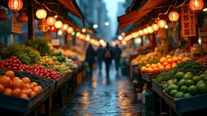 Vibrant Asian Market Street With Lanterns
