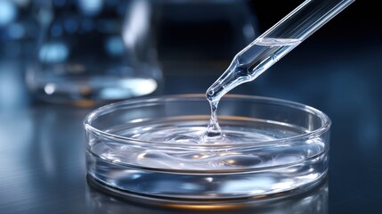 Clear liquid being drawn with a pipette into a petri dish on a laboratory surface showcasing precision in a scientific setting