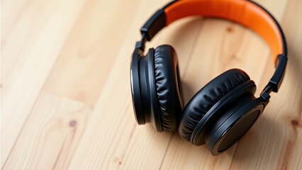 Black And Orange Headphones On Wood