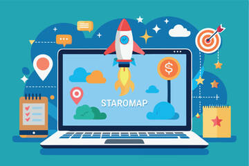 Creative digital design showcasing a rocket launching from a laptop screen with various icons and symbols in a bright, vibrant setting