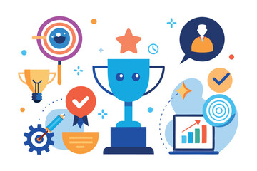 Digital illustration of a trophy symbolizing achievement and success with various icons representing goals and progress