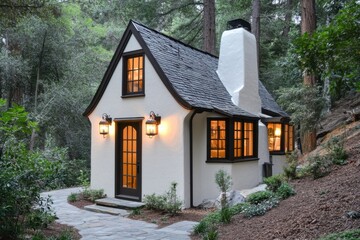 Charming cottage nestled among tall trees illuminated by warm evening lights, showcasing an inviting entrance and beautiful landscaping