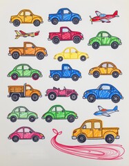 scribbled vehicles with crayon and wavy lines showing cars, trucks, and planes with mismatched wheels and joyful detail