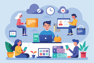 Digital workspace featuring diverse individuals engaged in remote collaboration and productivity tasks within a modern environment