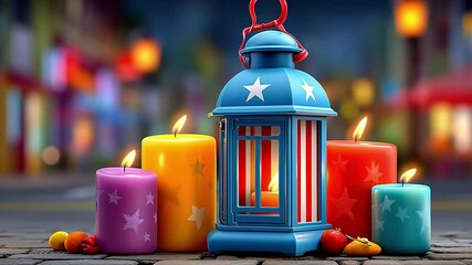 Radiant lantern adorned with patriotic designs - Inviting - Softly glowing - Charming night filled with whimsical candles and celebratory vibes.  Independence Day