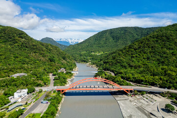 Aerial view of Changhong Bridge over the Xiuguluan River in Hualien, Taiwan
