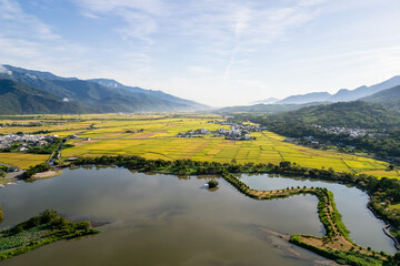 Aerial view of Dapo Pond, a lake in Chishang, Taitung, taiwan