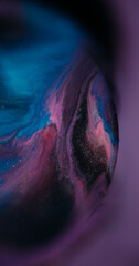 Paint swirl blur. Acrylic spill. Purple blue black dye mixing abstract round lens color. Shimmering...