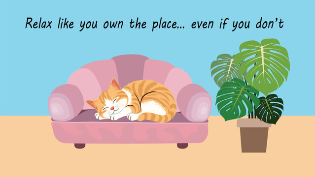 A charming and humorous illustration perfect for cat lovers, depicting a ginger and white tabby cat blissfully asleep on a plush pink sofa. Next to the sofa is a potted Monstera deliciosa plant