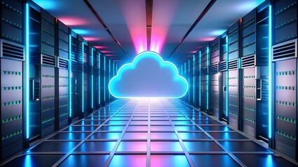 Futuristic server room with neon cloud computing symbol