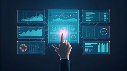 Hand interacting with futuristic business data interface