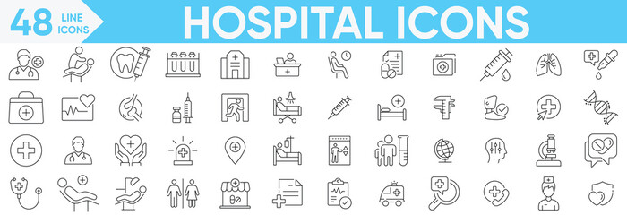 Hospital icons Vector and illustrator set. doctor, nurse, equipment, stethoscope, professionals for use in medical applications, websites, infographics and more.