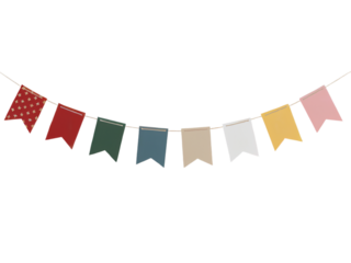 Colorful party bunting flags festive decoration hanging red pink on transparent background