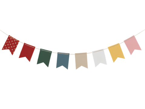 Colorful party bunting flags festive decoration hanging red pink on transparent background