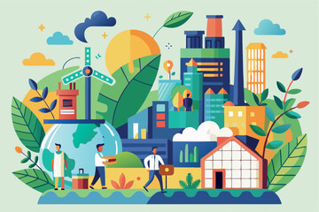 Eco-friendly cityscape blending nature and urban life with renewable energy sources in modern design