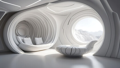 Biomechanical meditation chamber, organic curves meet geometric precision, soft ambient lighting, minimalist white surfaces, extreme attention to material detail, cinematic depth, photorealistic textu