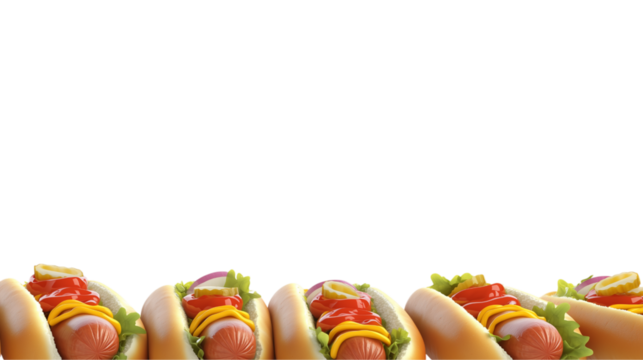 Row of delicious, fully loaded Hot Dog, appetizing food display, savory border