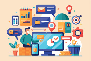 Fototapeta premium Digital workspace with a man interacting with various online tools and charts