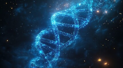 A neon-blue virus-infused DNA strand surrounded by swirling energy fields