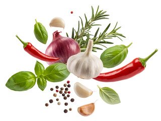 Fresh herbs spices red chili peppers garlic onion basil rosemary on transparent background