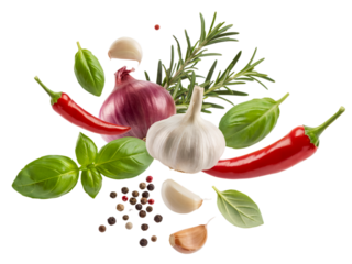 Fresh herbs spices red chili peppers garlic onion basil rosemary on transparent background