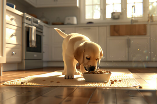  Adorable puppy enjoying meal from a bowls on a bright room background
