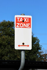 Taxi Zone sign mounted on a metal pole with a tree and blue sky in the background