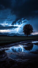 Fototapeta premium Lightning Strikes Behind Lone Tree, Reflected in Muddy Puddles on a Stormy Night
