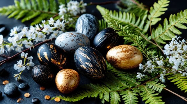 Easter eggs, flowers, ferns on dark background